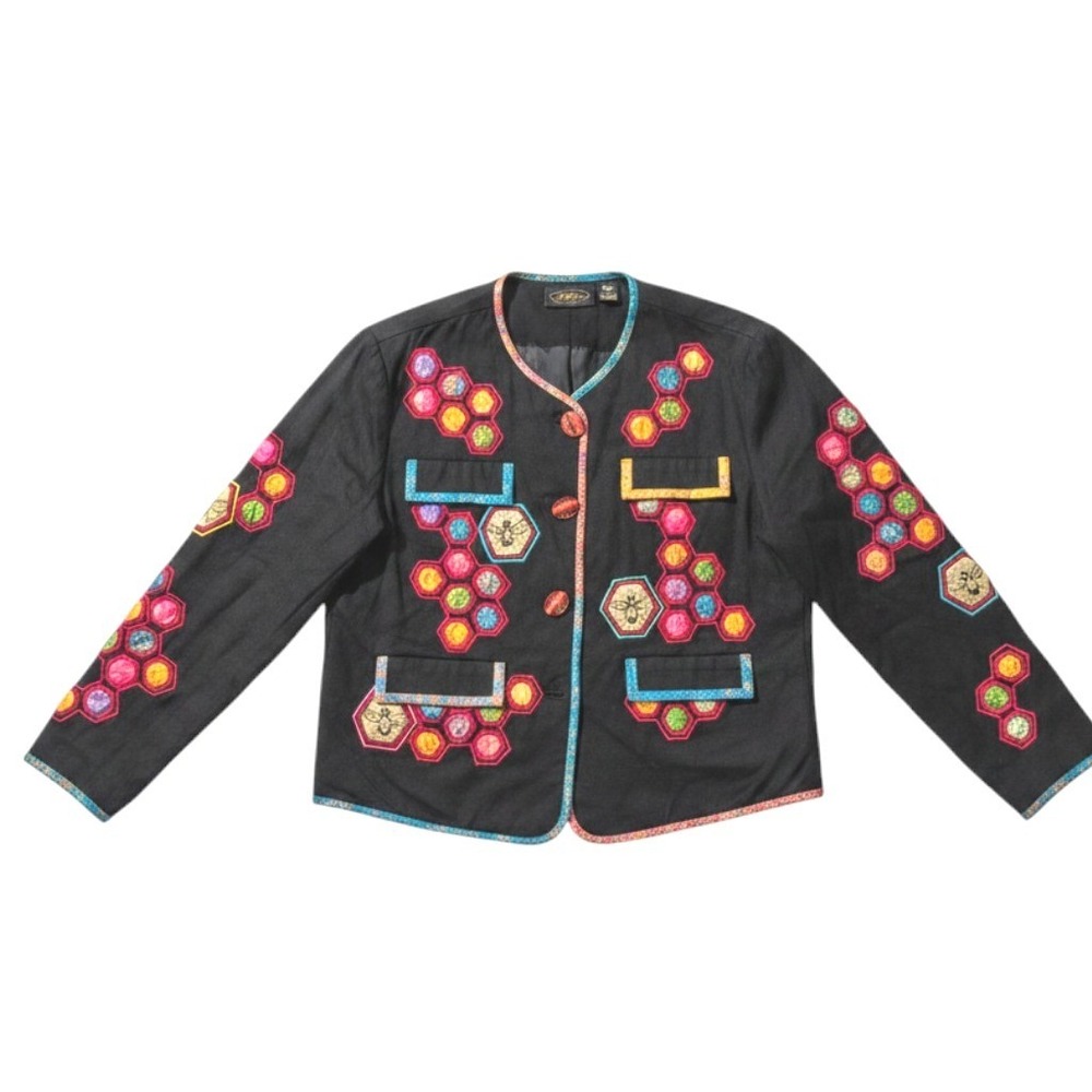 Allure‎ Petite Jacket Black Embroidered Bee Honeycomb Patchwork PM Boho Artistic
